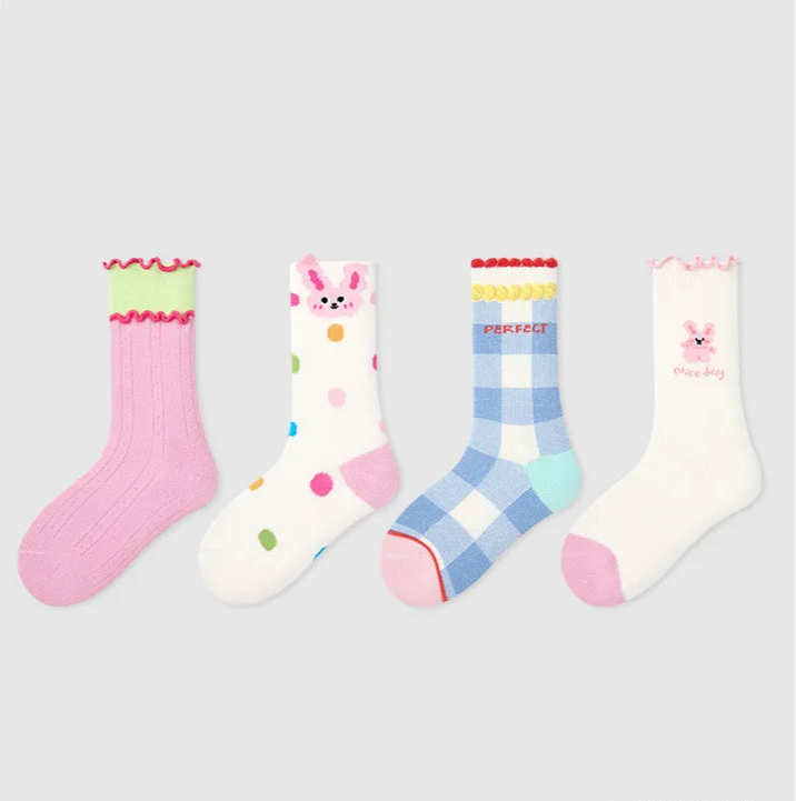 Kids Bold Cartoon Cotton Crew Socks (4 Pairs)