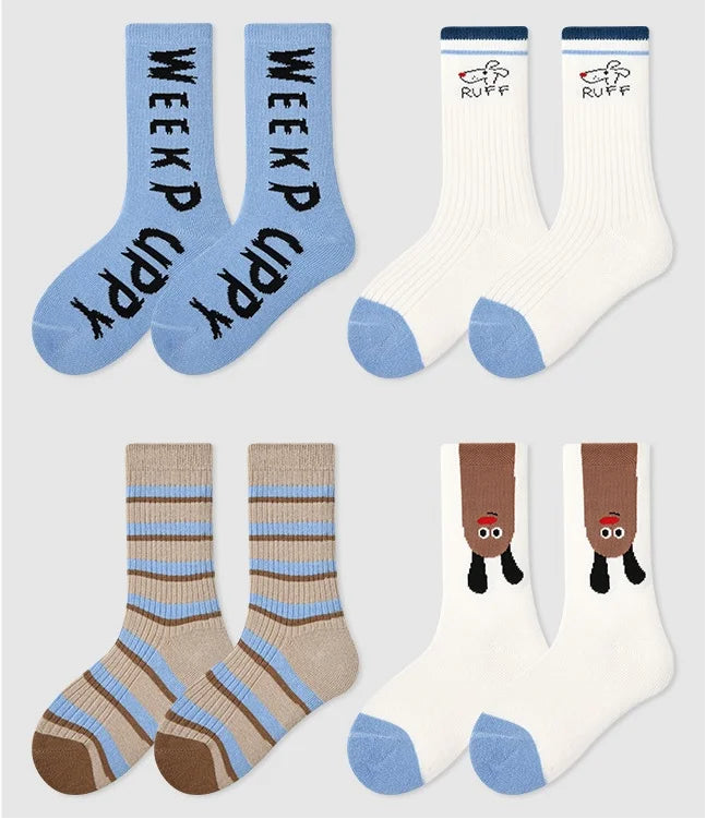 Kids Bold Cartoon Cotton Crew Socks (4 Pairs)