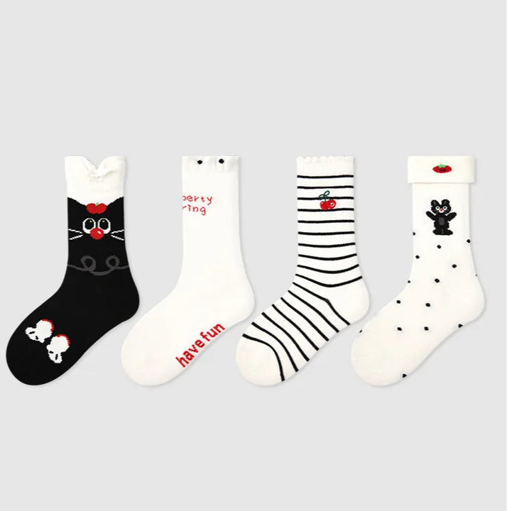 Kids Bold Cartoon Cotton Crew Socks (4 Pairs)